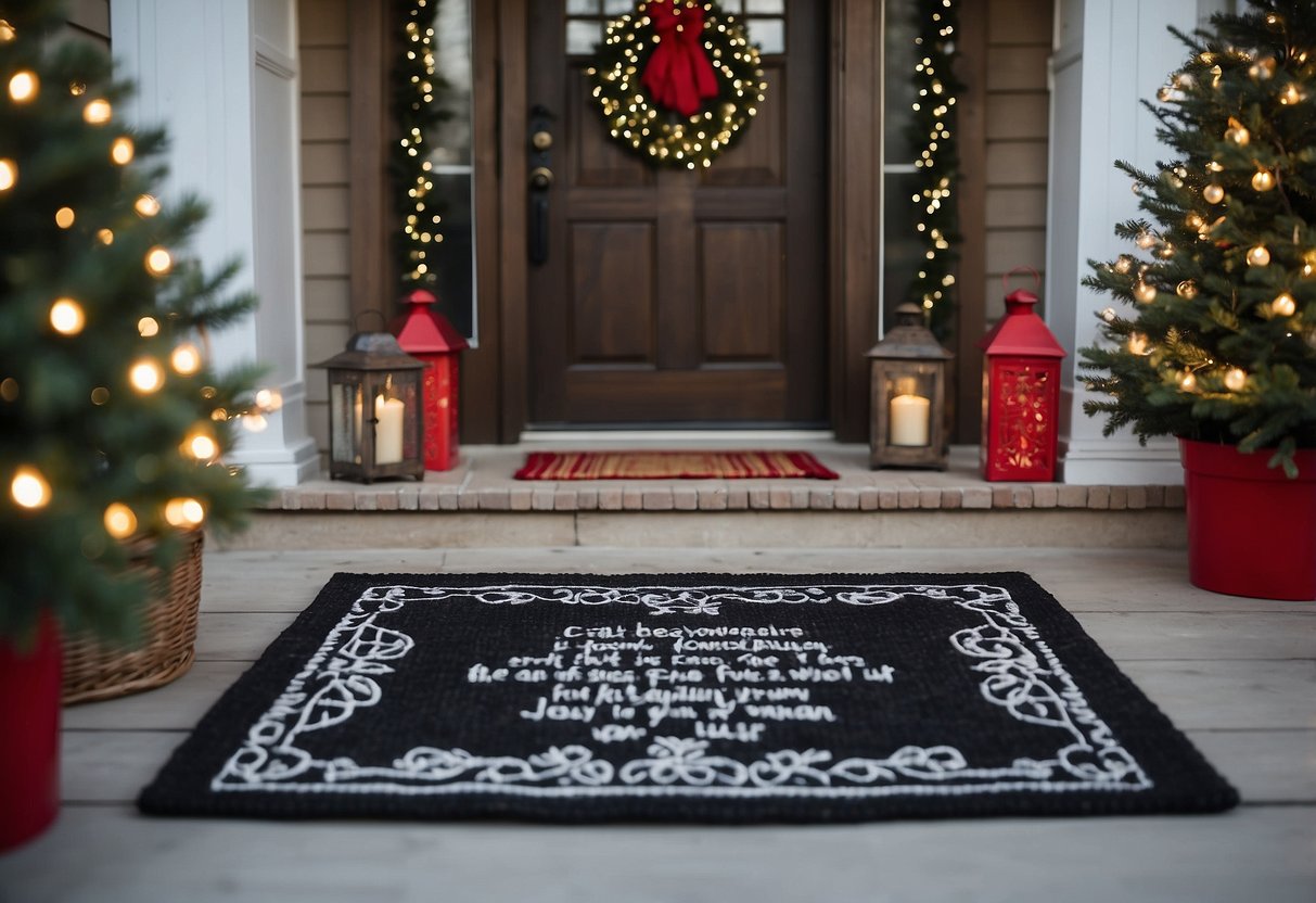 A festive doormat with quotes sits at the front porch, surrounded by Christmas home decor ideas