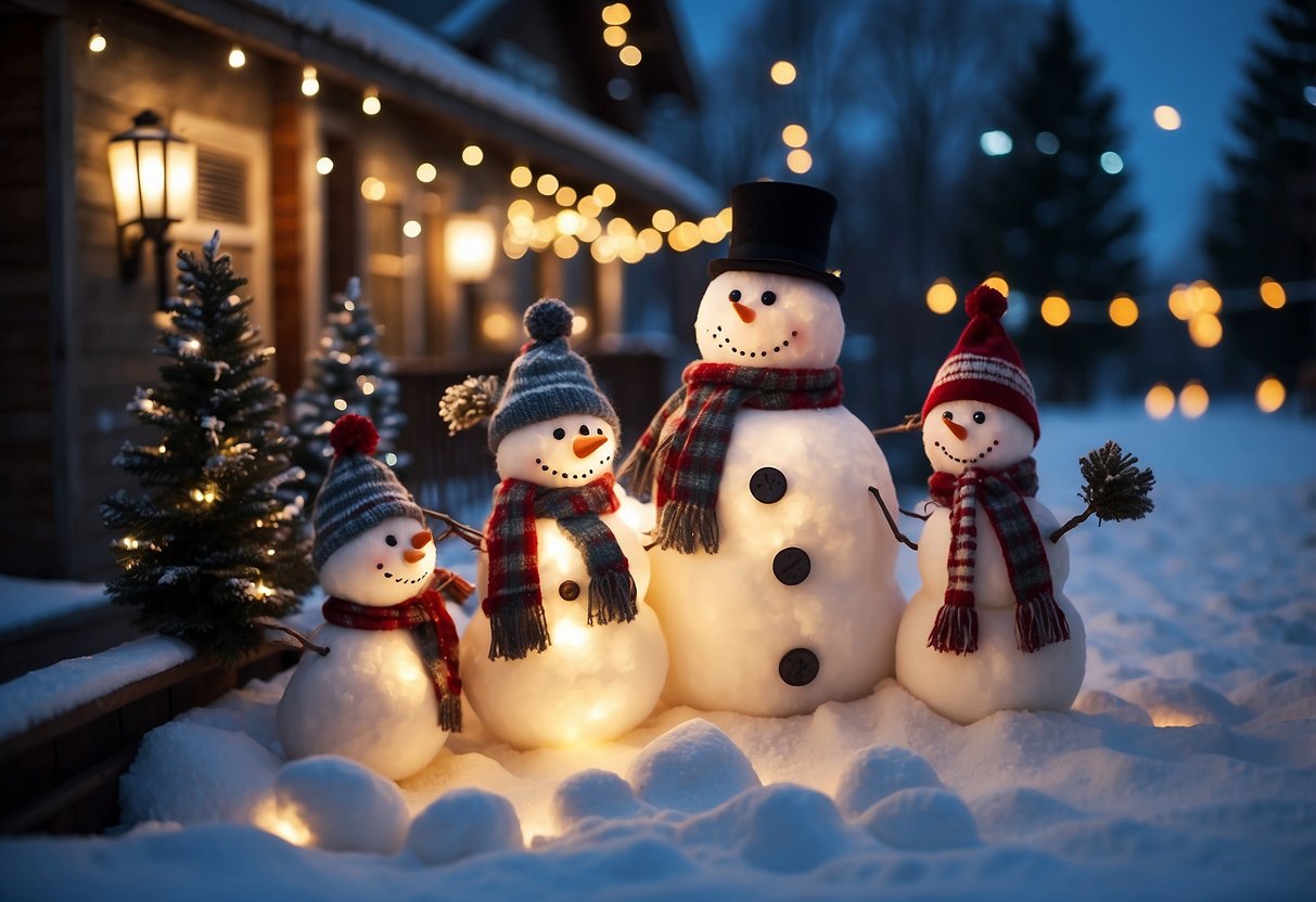 A snowman family stands on a front porch, surrounded by twinkling lights and festive decorations, creating a cozy and welcoming holiday scene