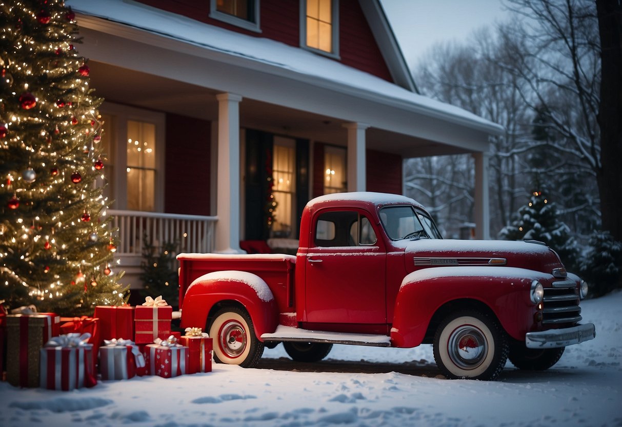 A vintage red truck parked on a snowy front porch, with presents stacked in the back, surrounded by festive Christmas home decor