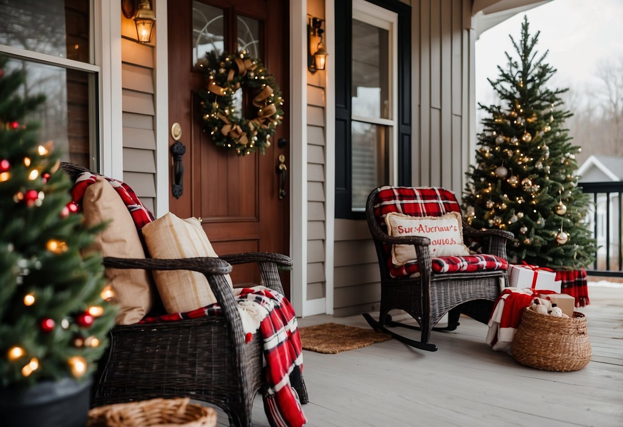 A front porch adorned with cozy plaid throw blankets, creating a warm and inviting Christmas home decor scene