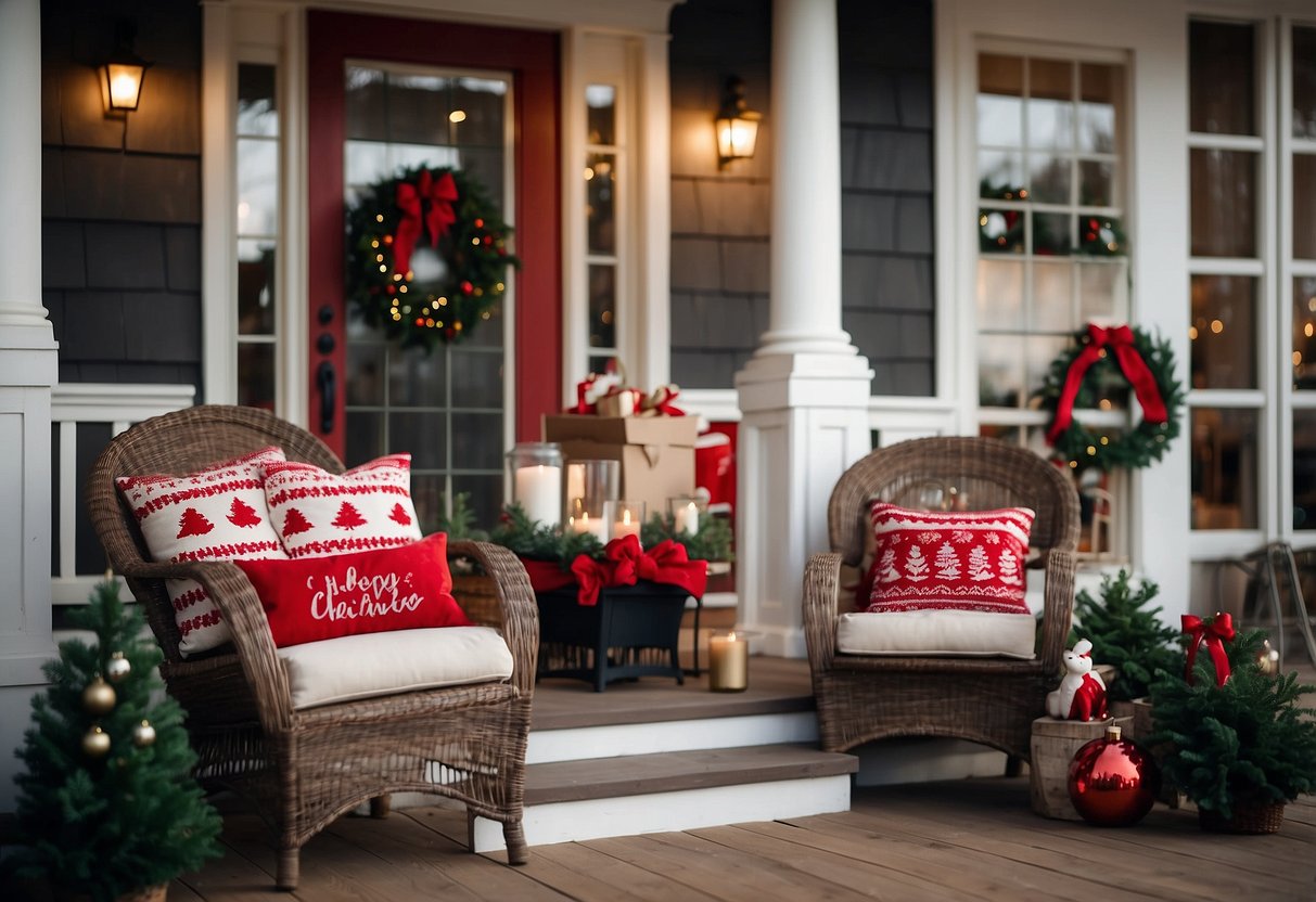 A cozy front porch adorned with Christmas-themed pillows and decor, creating a festive and welcoming atmosphere for the holiday season