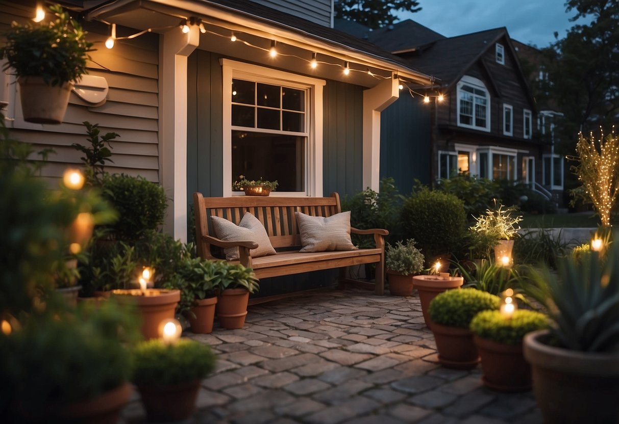 A cozy front yard with a wooden bench, potted plants, string lights, and a welcome sign