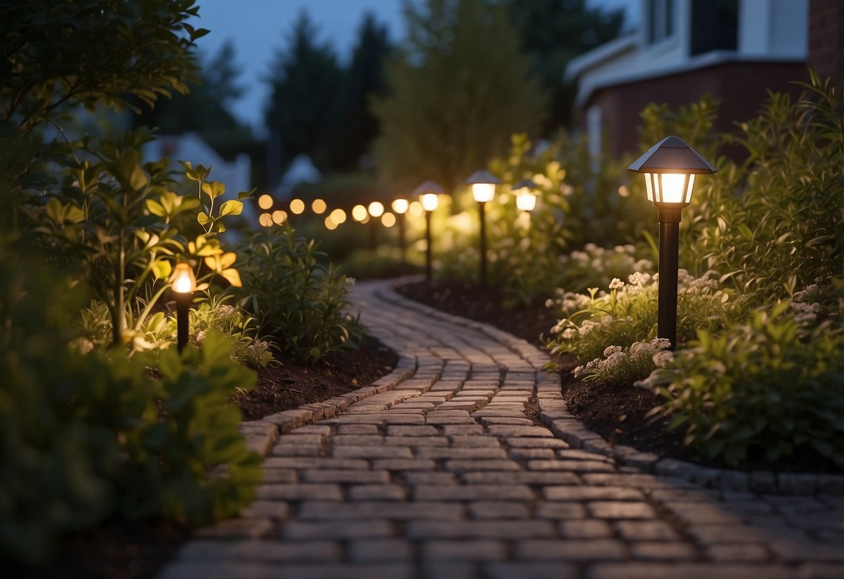 A front yard with solar-powered garden lights illuminating the pathway and surrounding plants, creating a warm and inviting ambiance