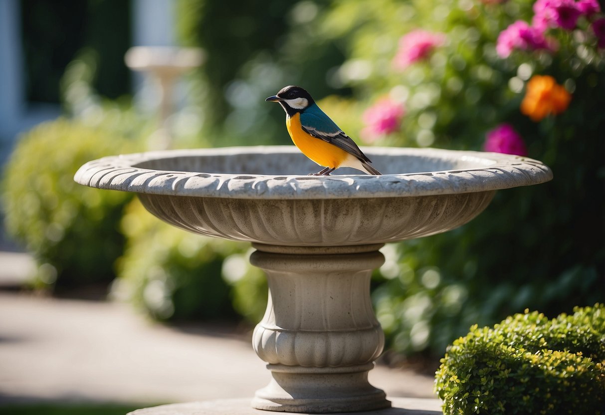 An elegant bird bath sits in a well-manicured front yard, surrounded by vibrant flowers and lush greenery