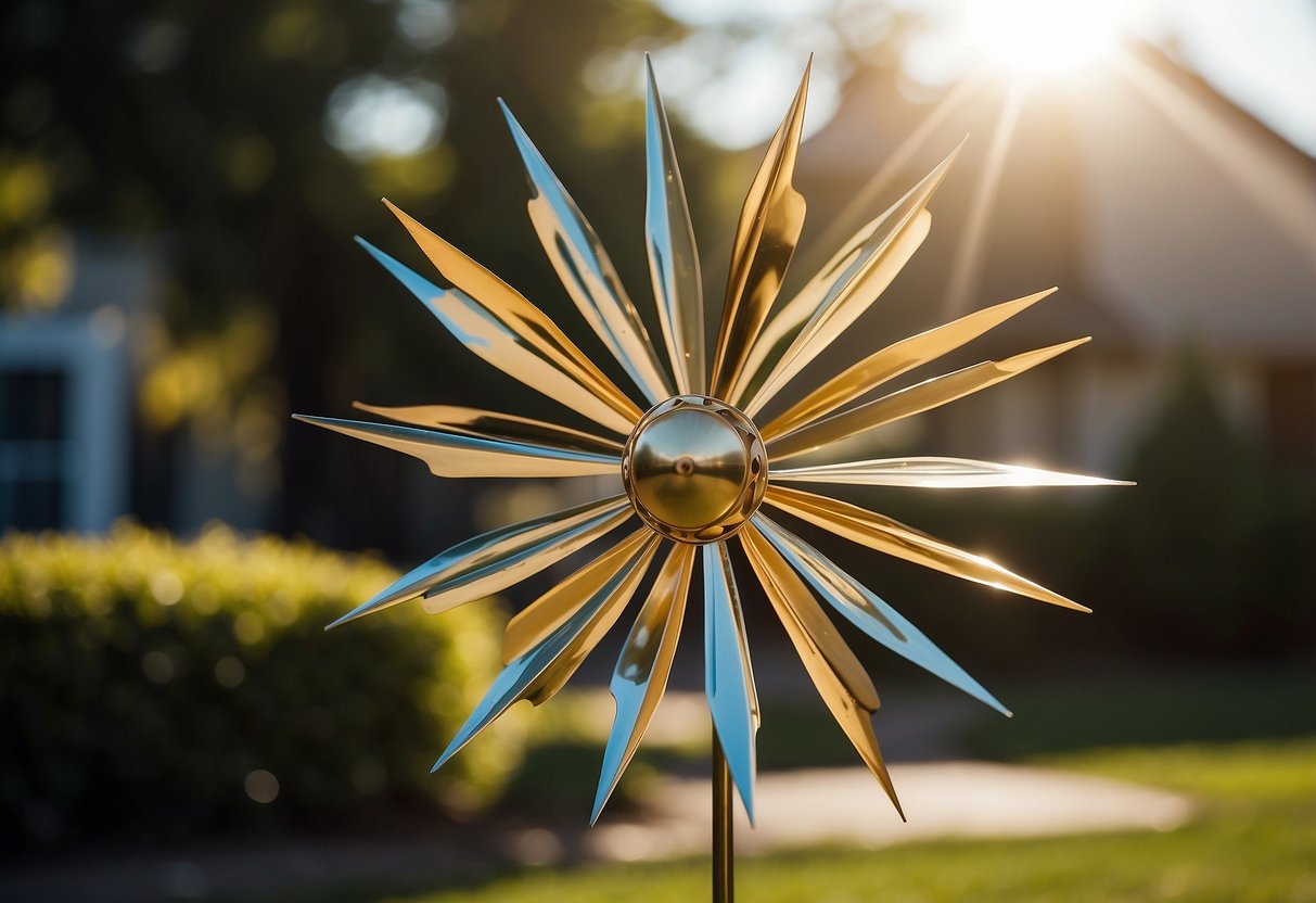 A metallic wind spinner spins gracefully in a front yard, catching the sunlight and creating a mesmerizing display