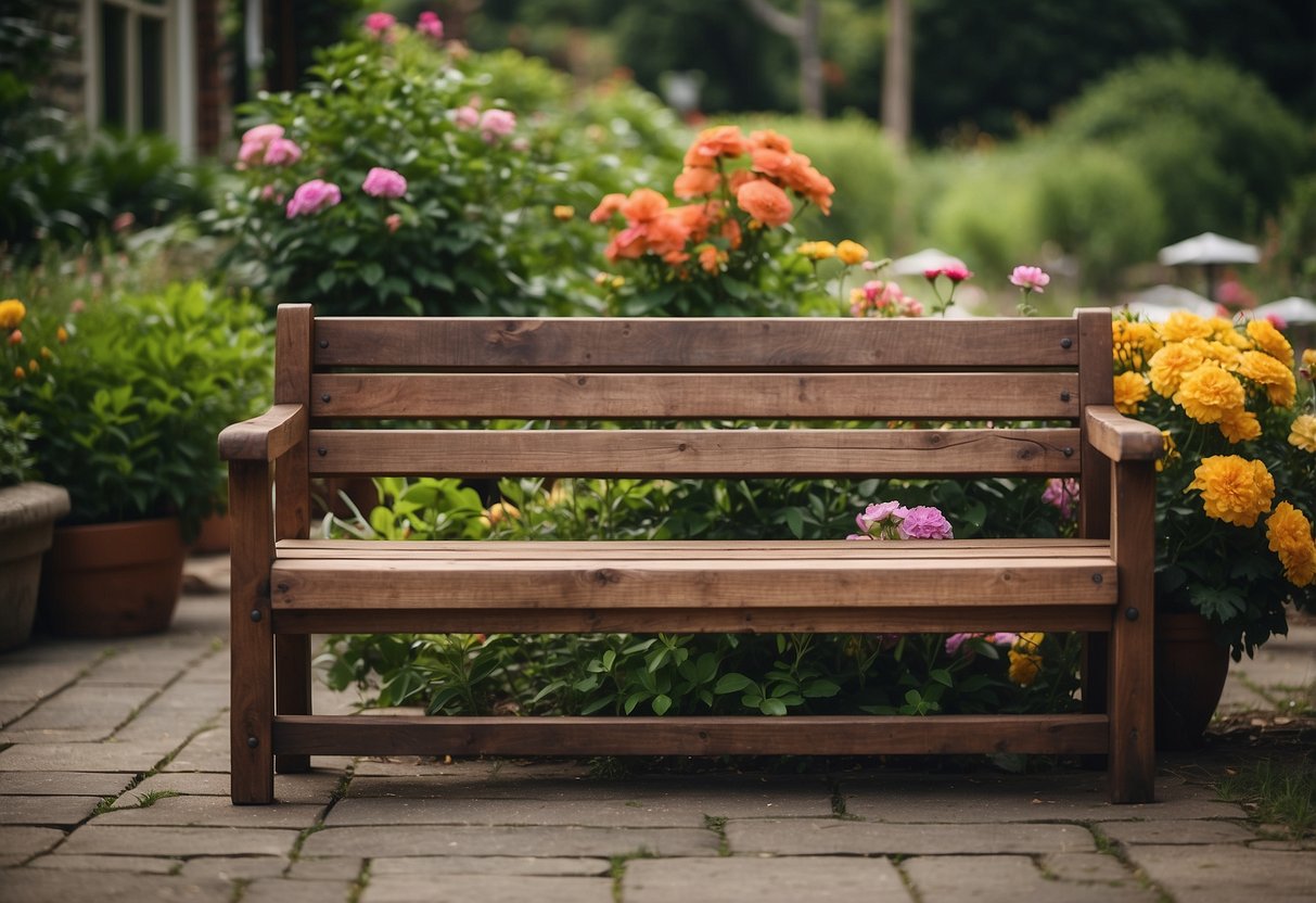 A rustic wooden bench sits in a front yard, surrounded by lush greenery and colorful flowers, creating a cozy and inviting home decor idea