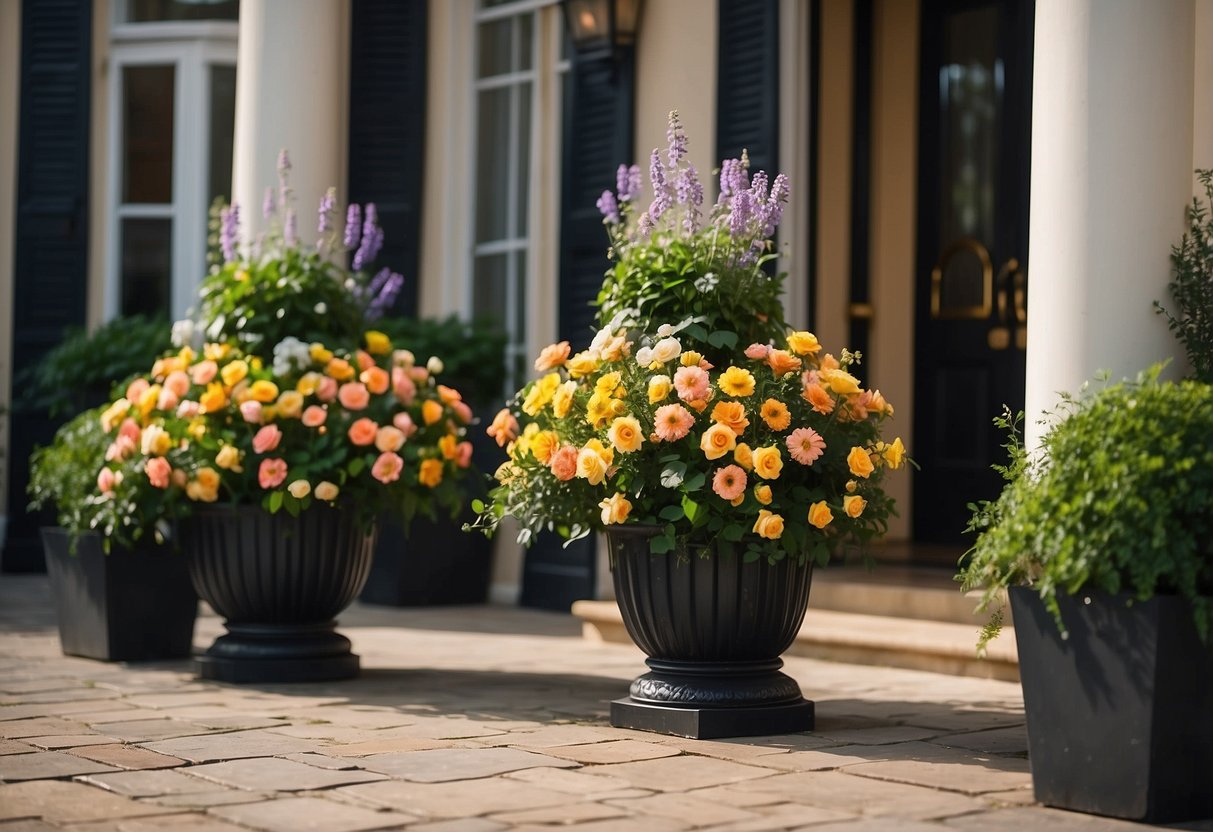 Two large, ornate planters flank the front door, filled with vibrant flowers and greenery. They add a touch of elegance to the home's exterior