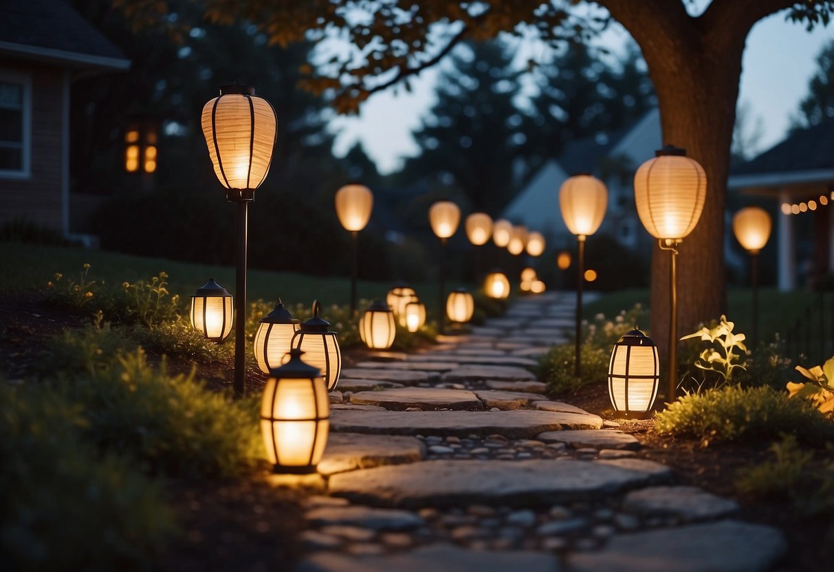 A winding stone pathway lined with lanterns leading to a cozy front yard home decor setup