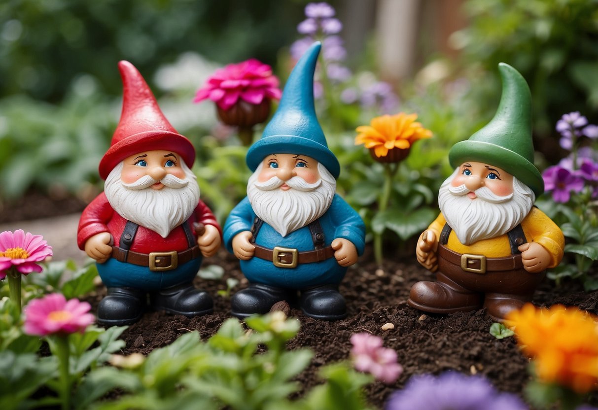 Several garden gnome statues are arranged in a front yard, surrounded by colorful flowers and lush greenery. The statues are whimsical and charming, adding a touch of personality to the home decor