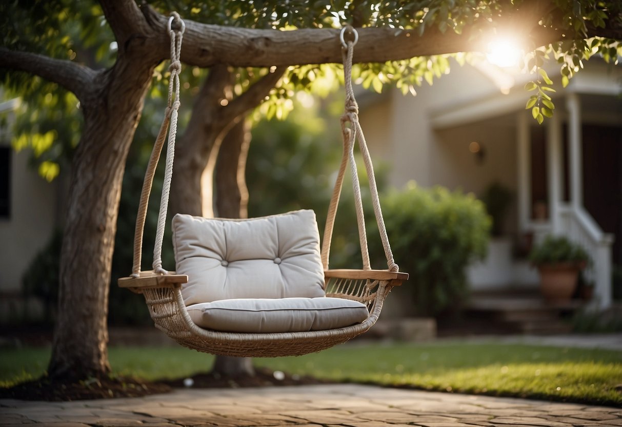 A swing chair hangs from a sturdy tree branch in a well-kept front yard. Surrounding the chair are potted plants, a small table, and cozy outdoor lighting, creating a peaceful and inviting atmosphere