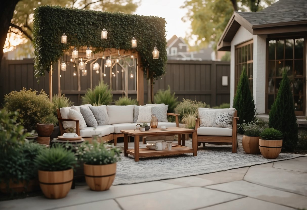 A front yard with a mix of decorative elements, such as outdoor seating, planters, and lighting, creating a functional and stylish outdoor space