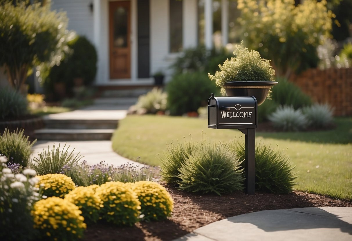 A cozy front yard with personalized decor: a custom welcome sign, potted plants, and a hand-painted mailbox