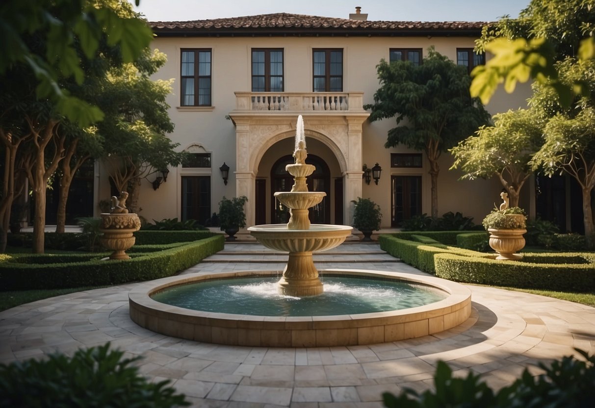 A grand fountain surrounded by lush landscaping, elegant outdoor furniture, and decorative lighting adorning the front yard of a luxurious home