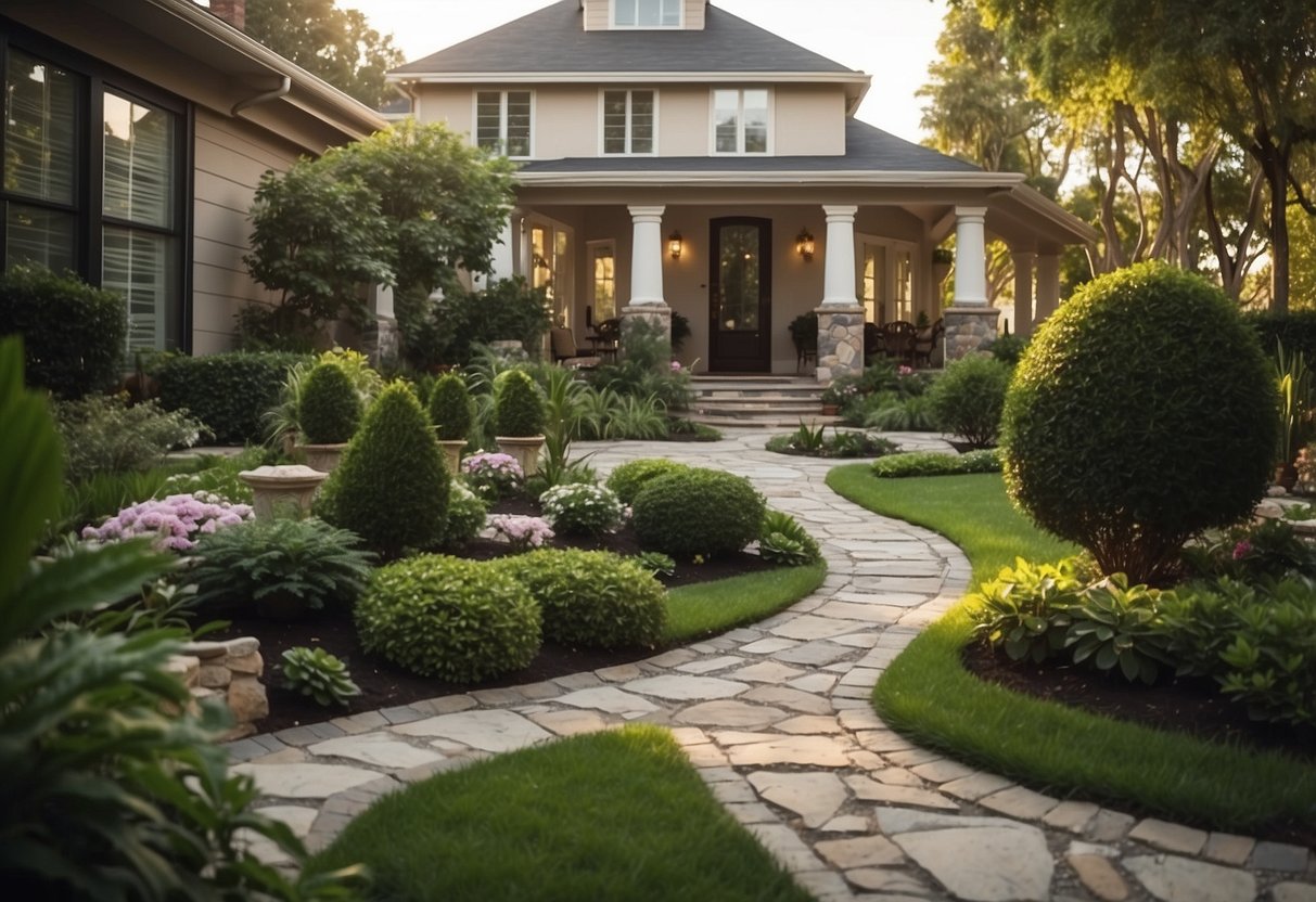 A stone pathway winds through a lush front yard, leading to a luxurious home. Potted plants, elegant outdoor lighting, and a well-manicured garden complete the decor