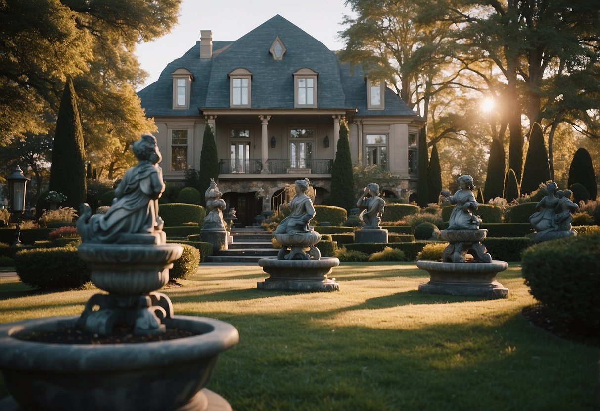 A grand front yard adorned with elegant garden statues, adding a touch of luxury to the home's outdoor decor