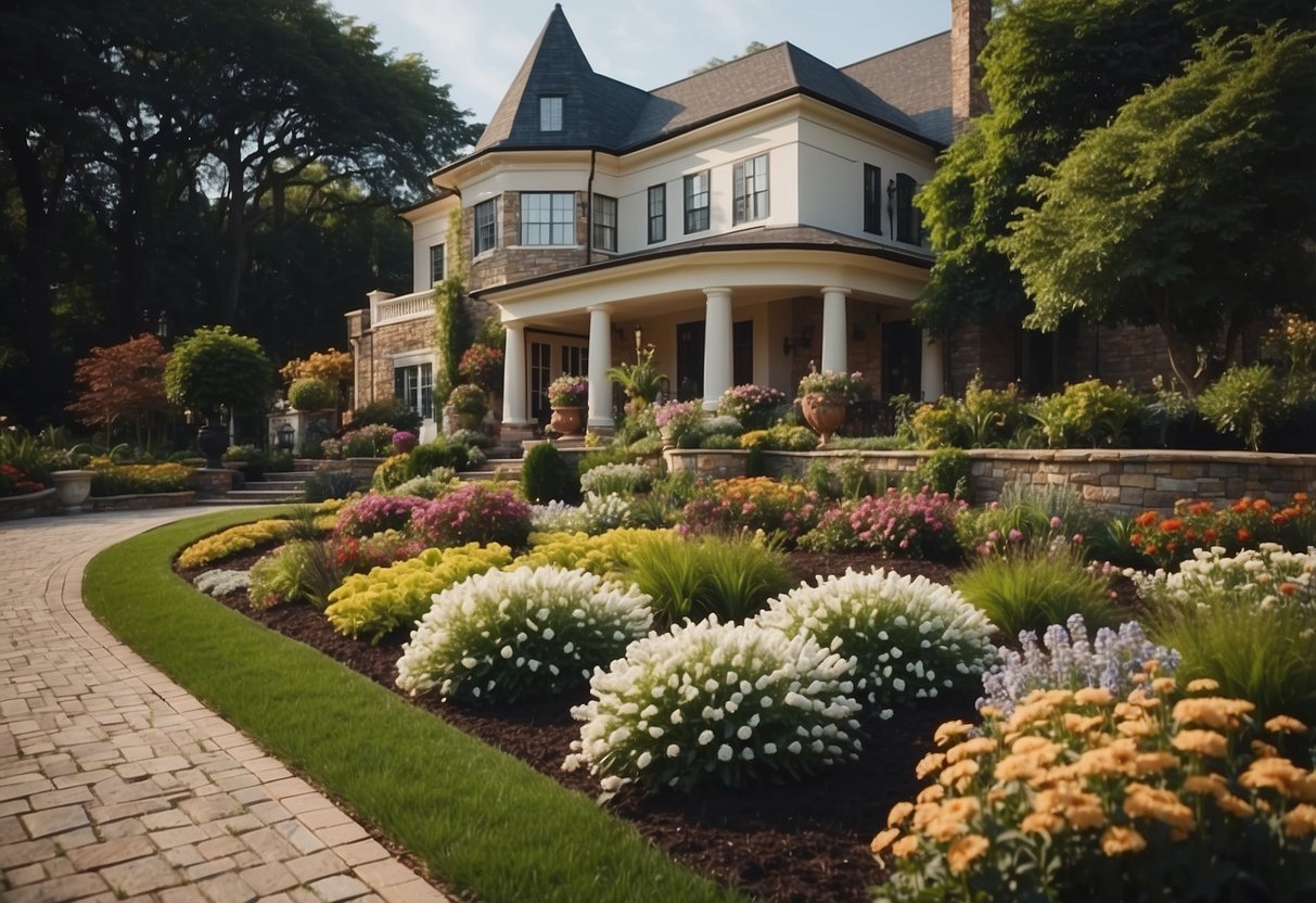 Lush flower beds surround a grand luxury home, adding a touch of elegance to the front yard