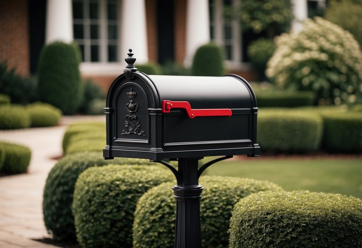 A grand decorative mailbox stands in the front yard of a luxurious home, surrounded by carefully manicured landscaping and elegant outdoor decor