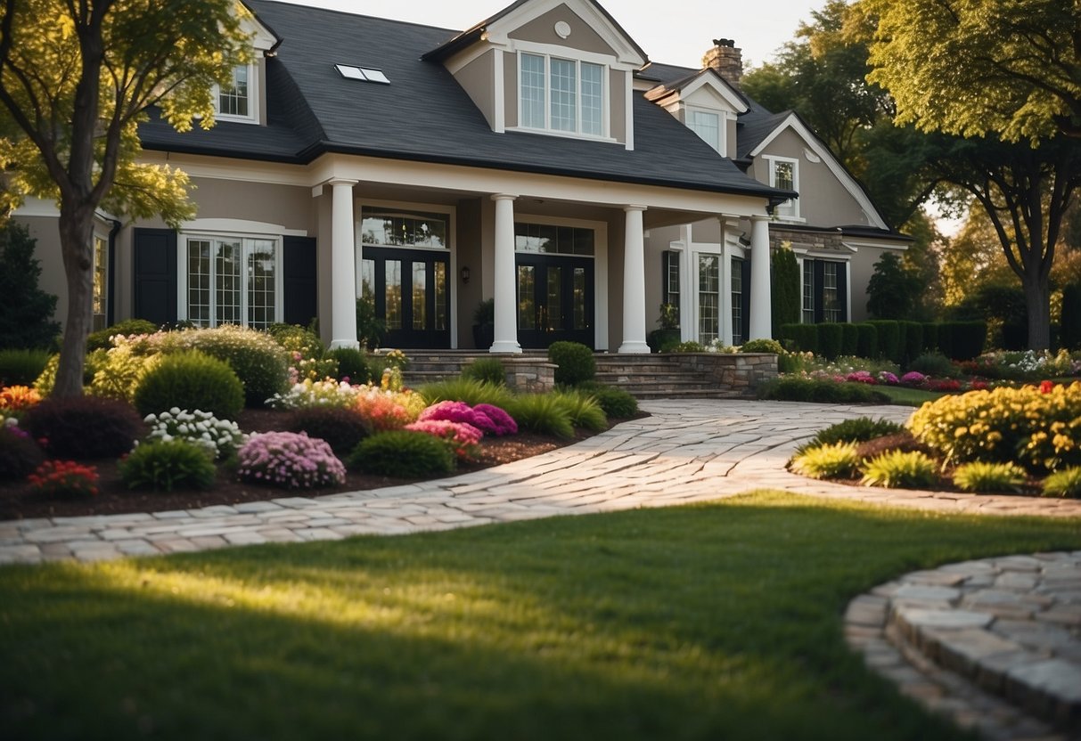 A well-manicured front yard with lush green grass, colorful flower beds, and elegant stone walkways leading up to a grand entrance of a luxury home