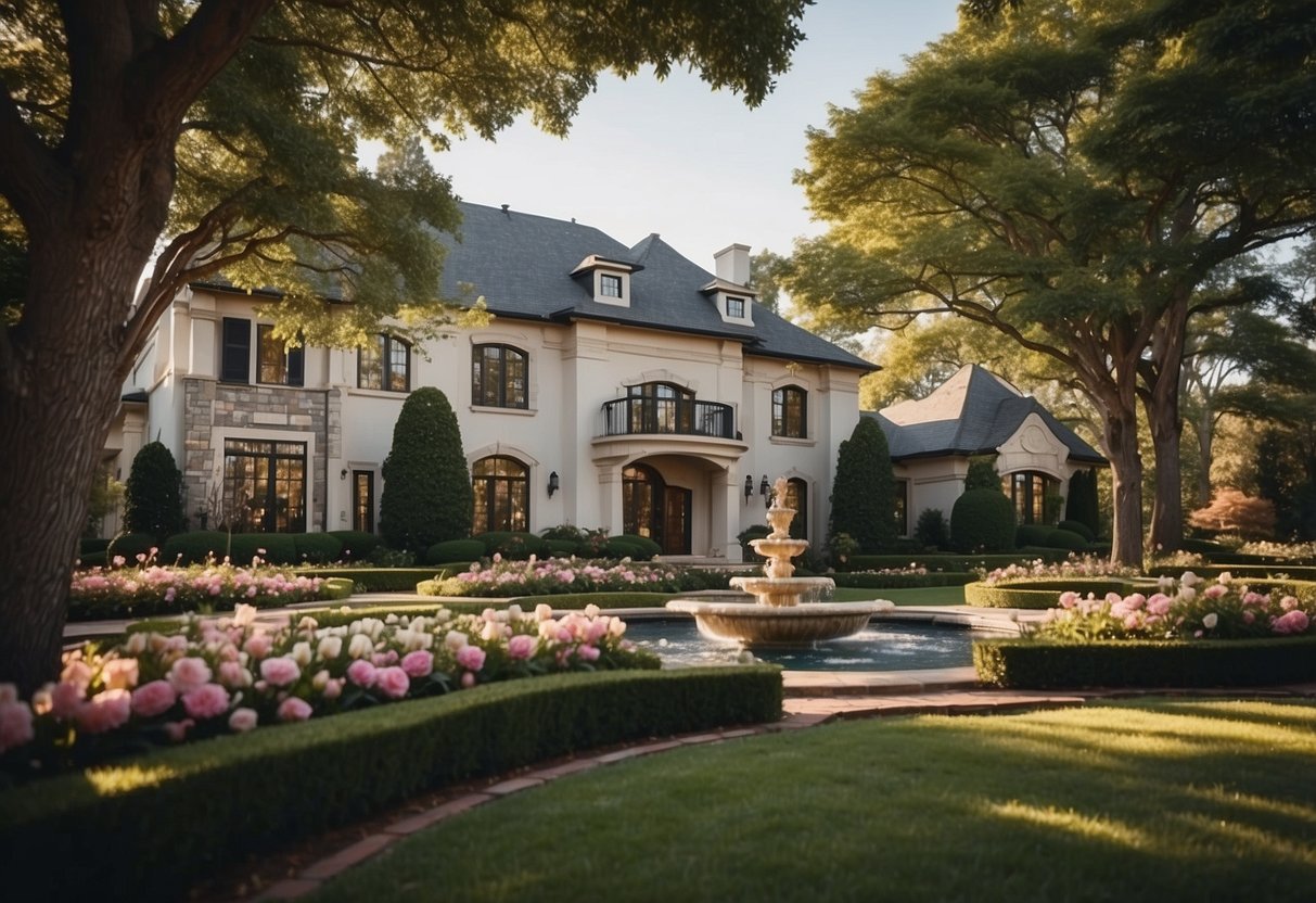 A grand luxury home with meticulously manicured front yard, featuring elegant flower beds, a serene water feature, and carefully placed ornamental trees