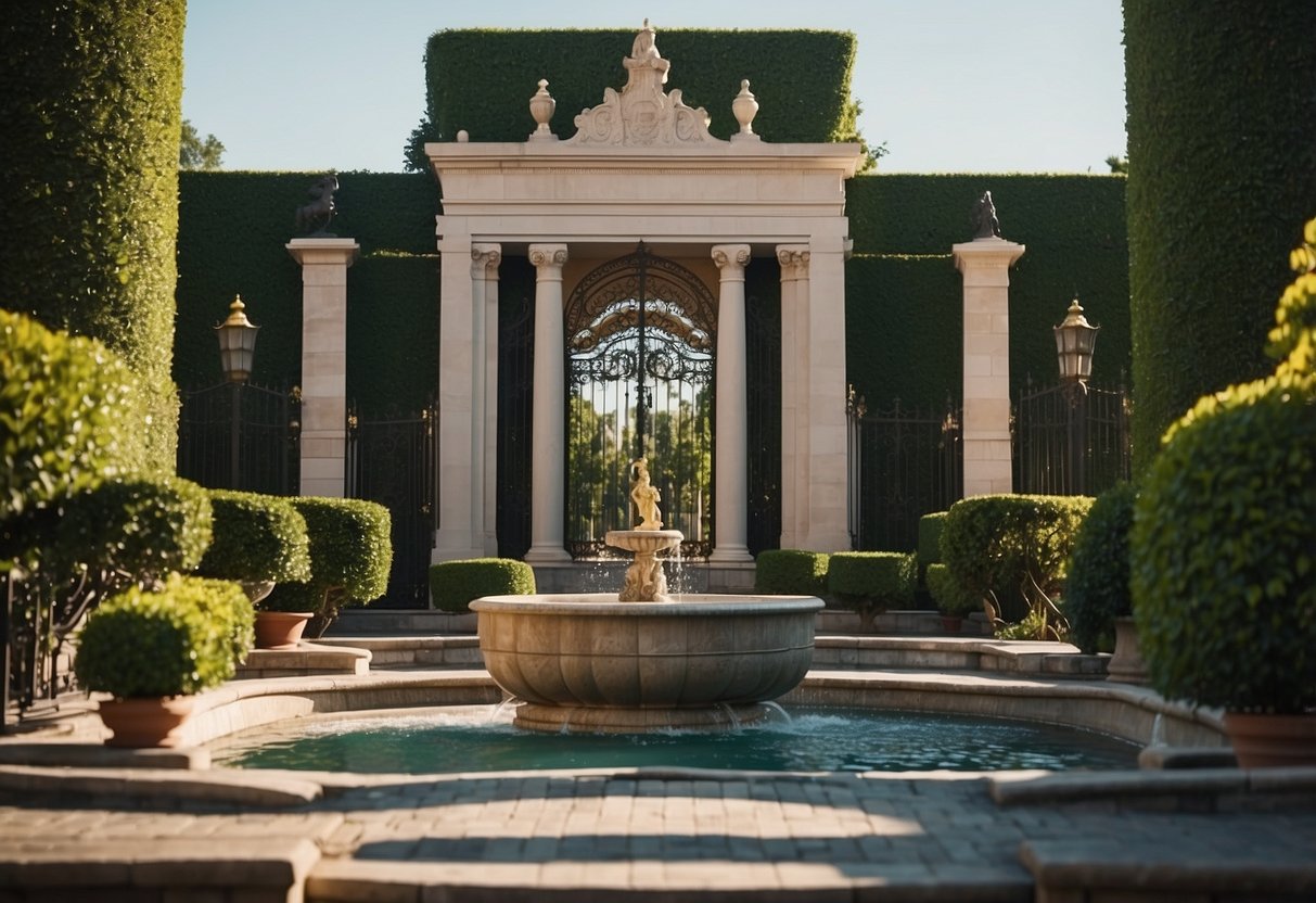 A grand entrance with a sweeping driveway, flanked by manicured hedges and elegant topiaries. A grand fountain stands at the center, surrounded by ornate iron gates and stately columns