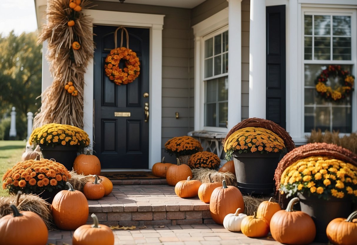 A front yard adorned with pumpkins, hay bales, and colorful mums. A wreath hangs on the door, while scarecrows and cornstalks line the walkway