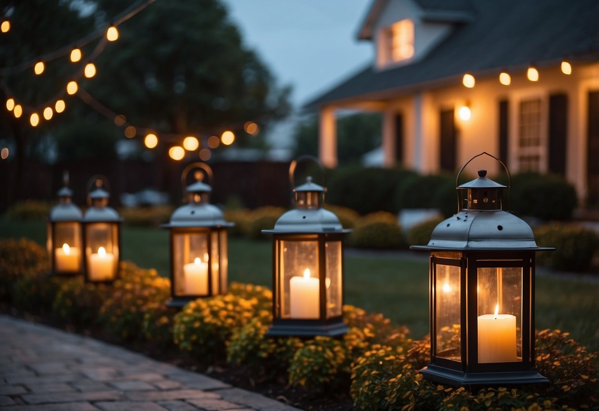 Lanterns with candles adorn the front yard, creating a warm and inviting atmosphere for fall