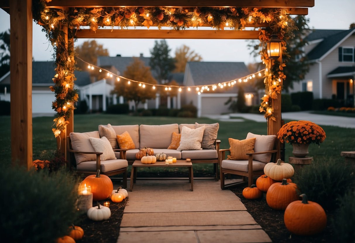 A front yard adorned with pumpkins, hay bales, and warm-toned foliage, accented by twinkling string lights and a welcoming seating area