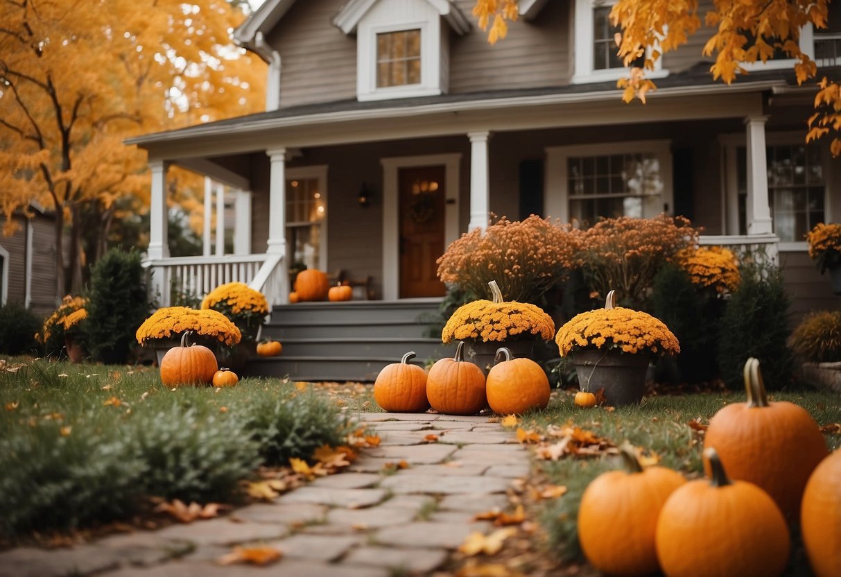 A cozy front yard with warm earth tones, pumpkins, and fall foliage. A mix of oranges, yellows, and browns create a rustic and inviting atmosphere