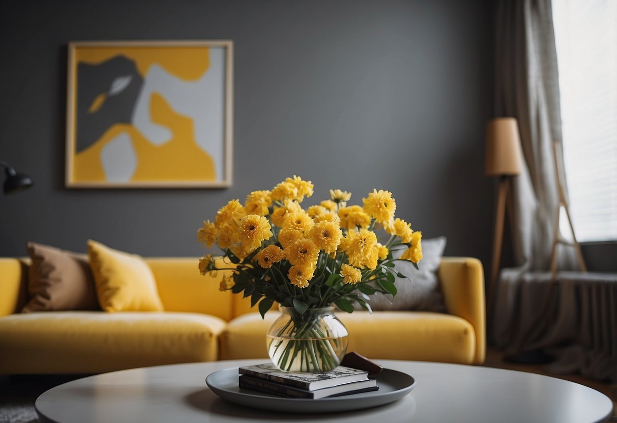 A cozy living room with a yellow accent wall, gray couch, and throw pillows. A vase of yellow flowers sits on a gray coffee table