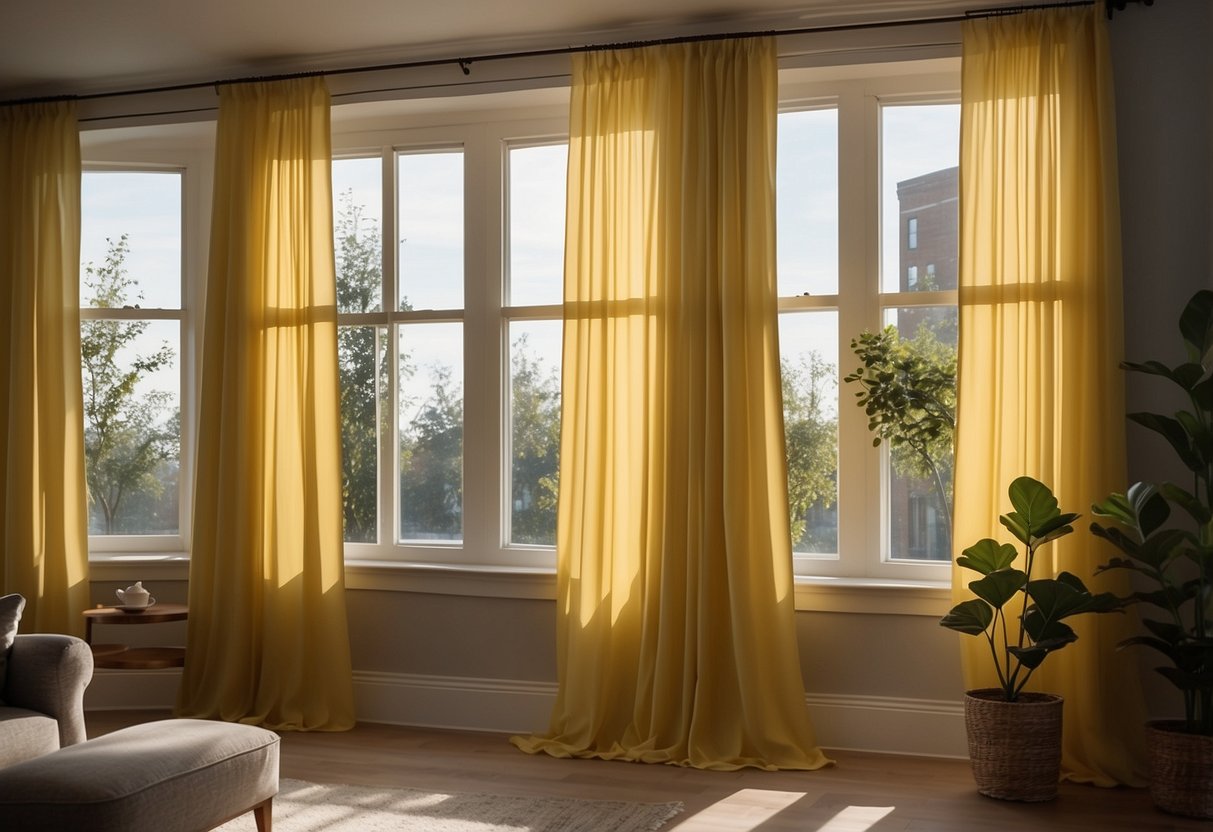 Lemon chiffon curtains hang in a sunlit room, casting a warm yellow glow against the soft gray walls, creating a cozy and inviting home decor