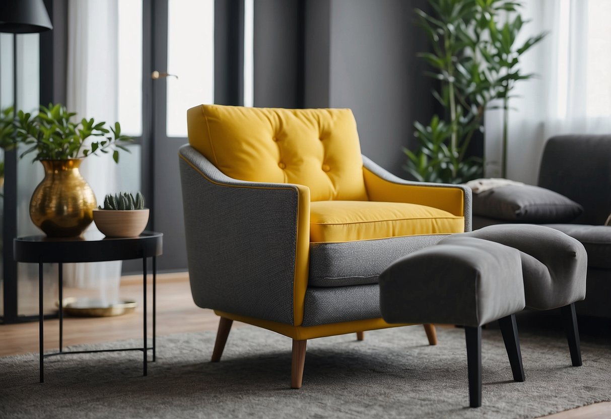 A canary yellow accent chair sits in a modern living room, surrounded by gray home decor accents