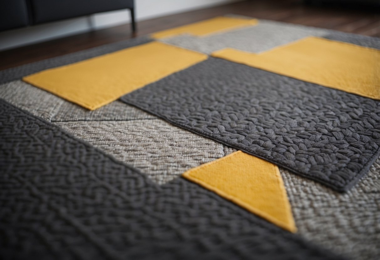 A slate gray area rug sits in a room with yellow and gray decor, creating a modern and stylish atmosphere