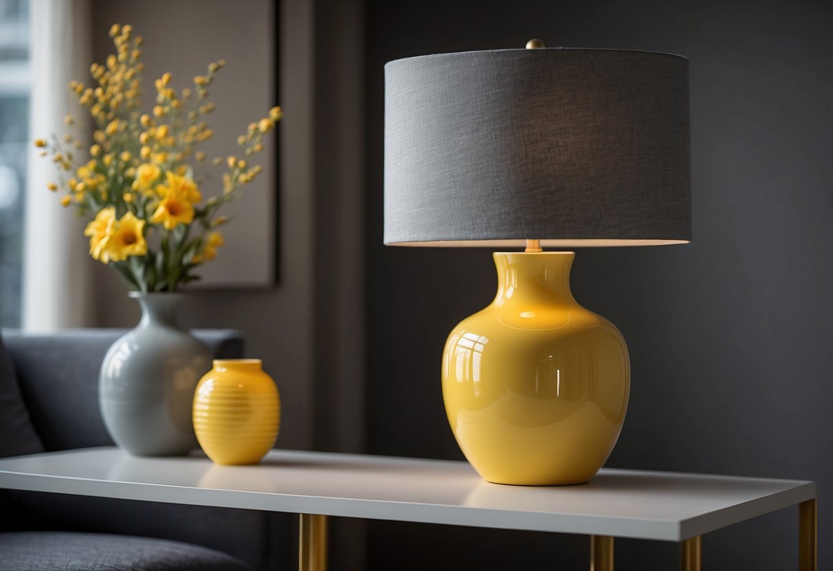 A yellow ceramic table lamp sits on a gray side table, adding a pop of color to the room