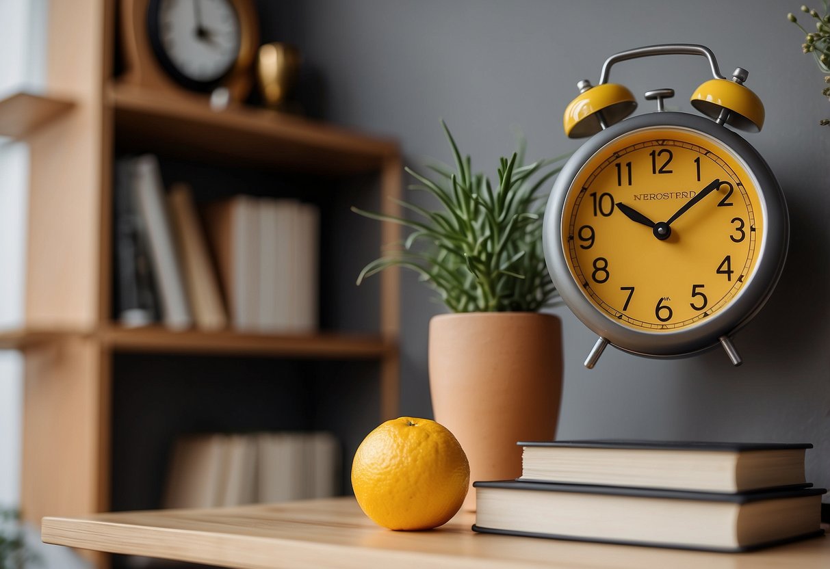 A sunny yellow wall clock hangs above a gray bookshelf, adding a pop of color to the room's decor