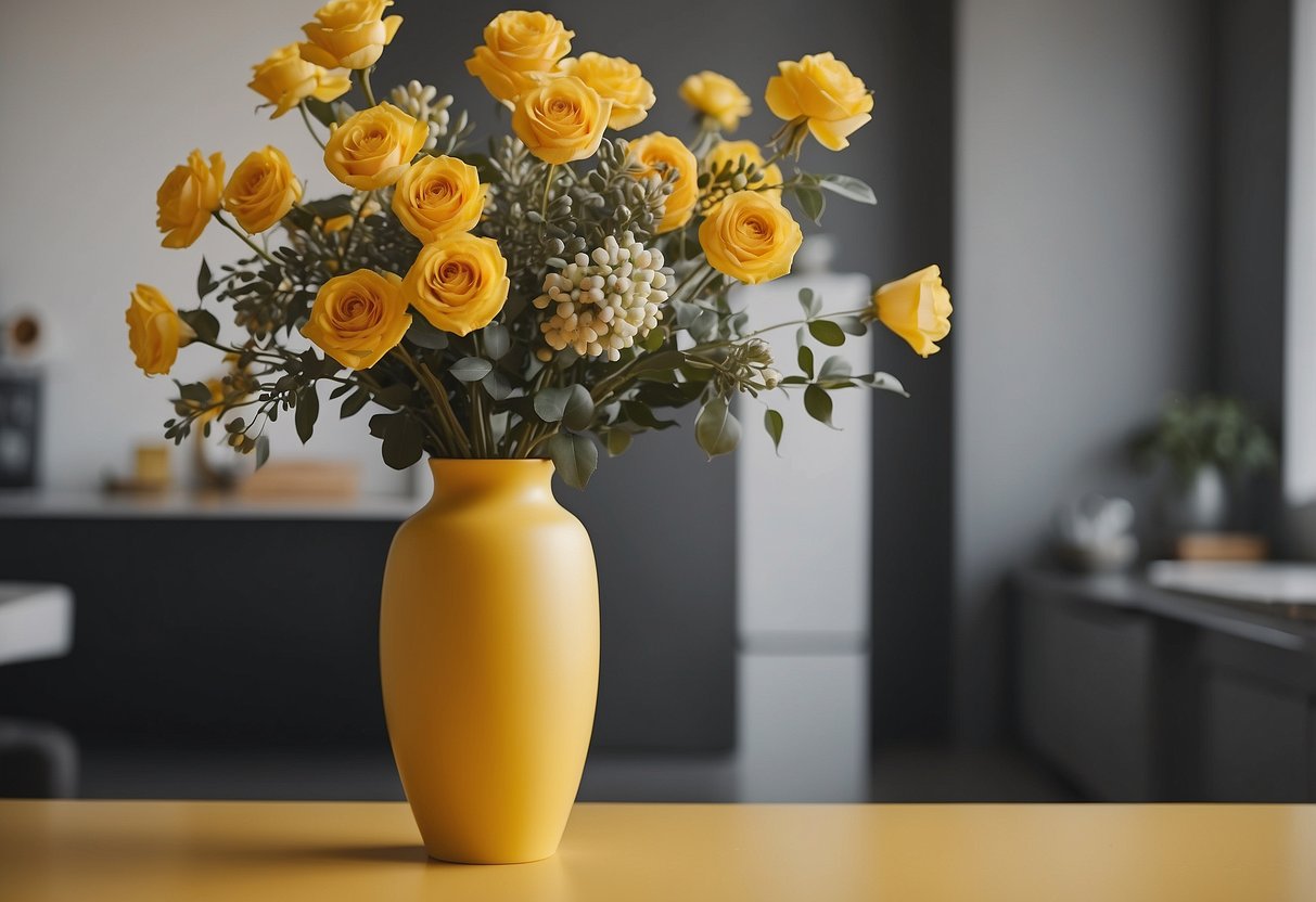 A golden yellow vase sits on a gray table, surrounded by yellow and gray home decor accents