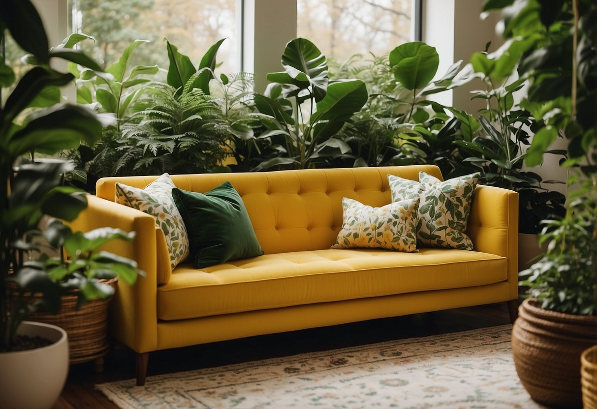 A bright yellow sofa with green throw pillows, surrounded by leafy plants and a yellow patterned rug