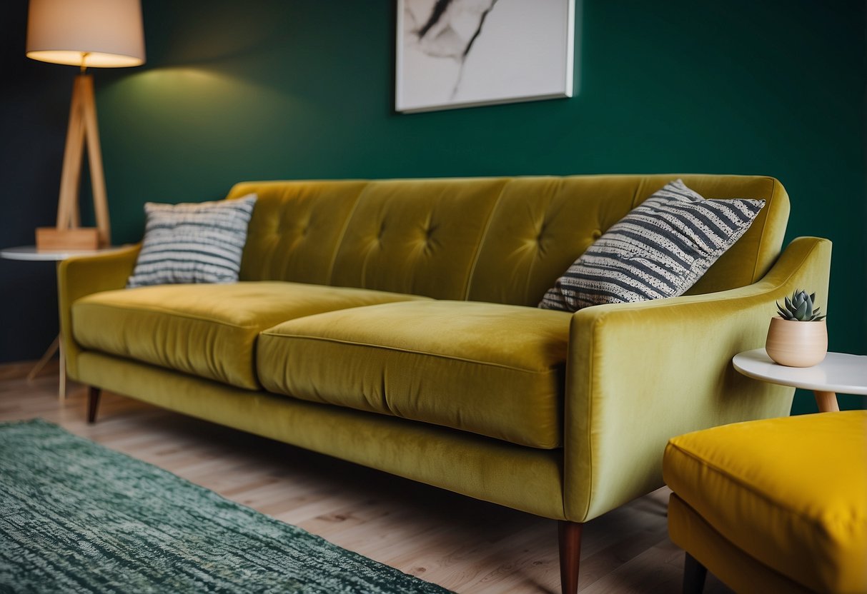 A sage green sofa sits in a room adorned with yellow and green home decor