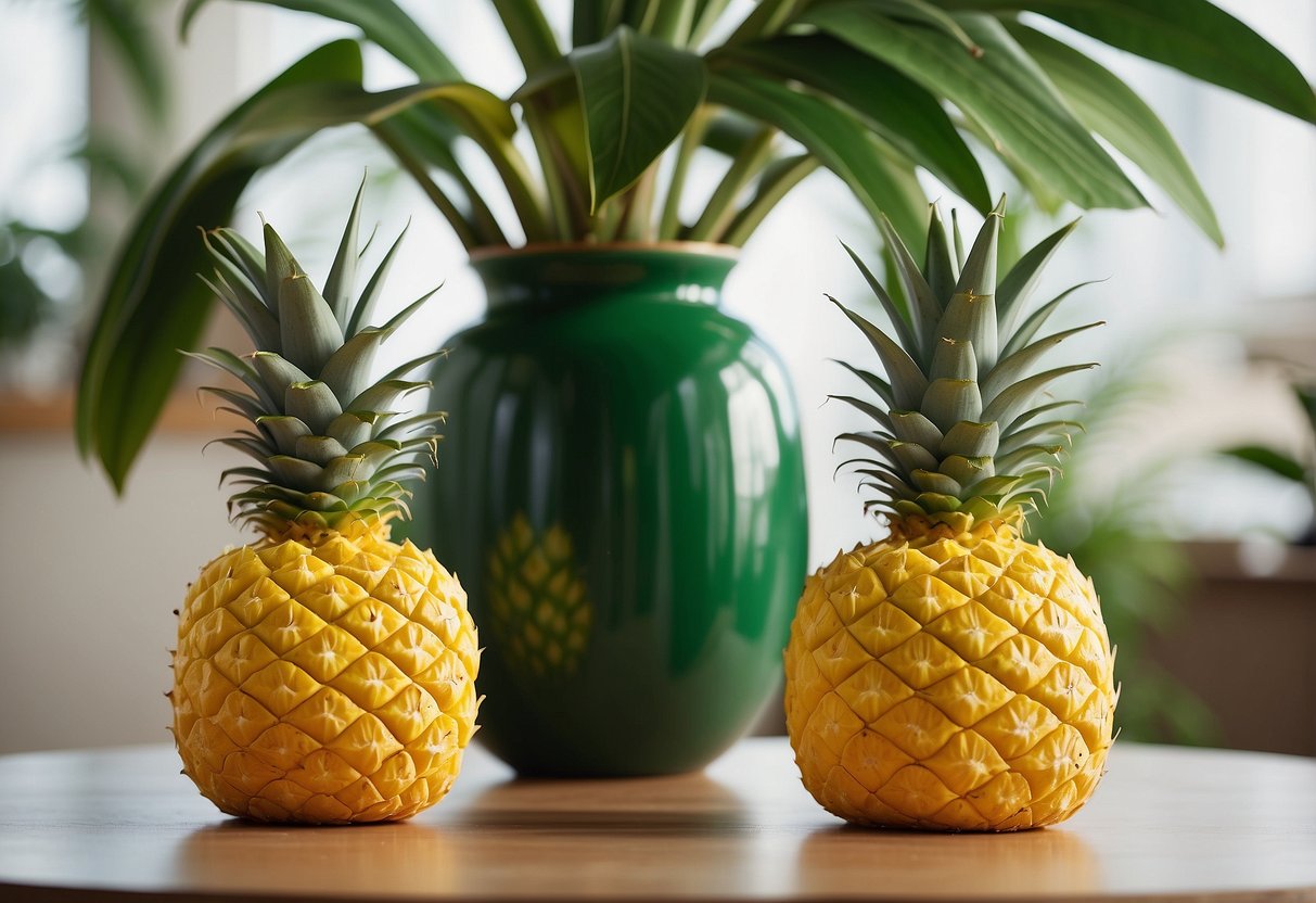 Three pineapple yellow vases arranged on a table with green accents in a bright, modern home setting