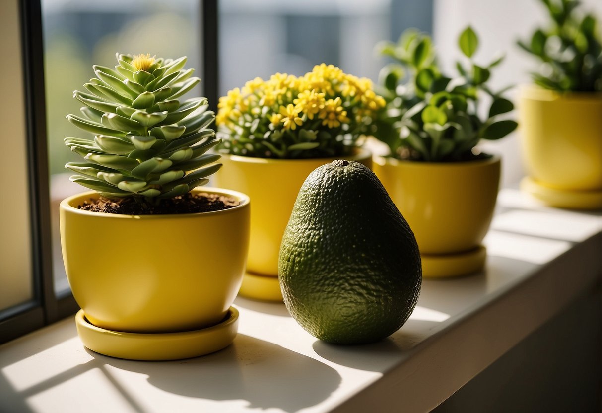 A cluster of avocado green planters arranged on a sunny windowsill, surrounded by yellow and green home decor accents