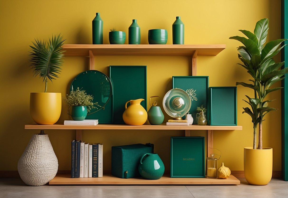 An emerald green bookshelf stands against a sunny yellow wall, adorned with various green home decor items