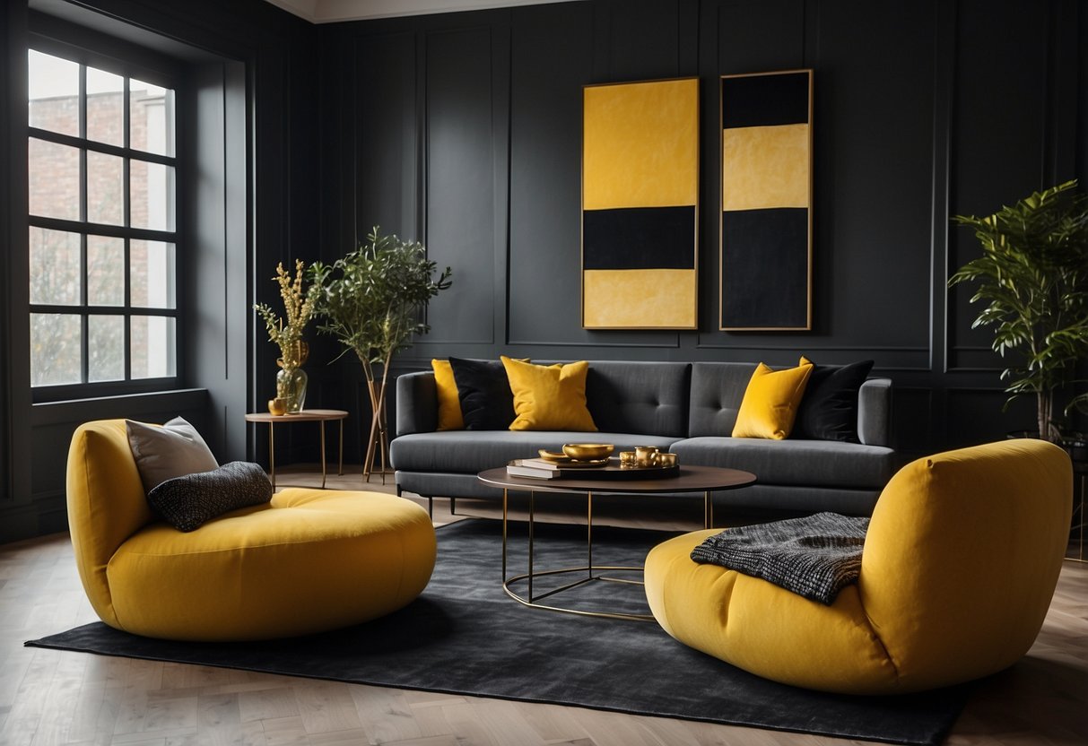 A cozy living room with yellow throw pillows, black curtains, and a geometric yellow and black rug. A black and yellow abstract painting hangs on the wall