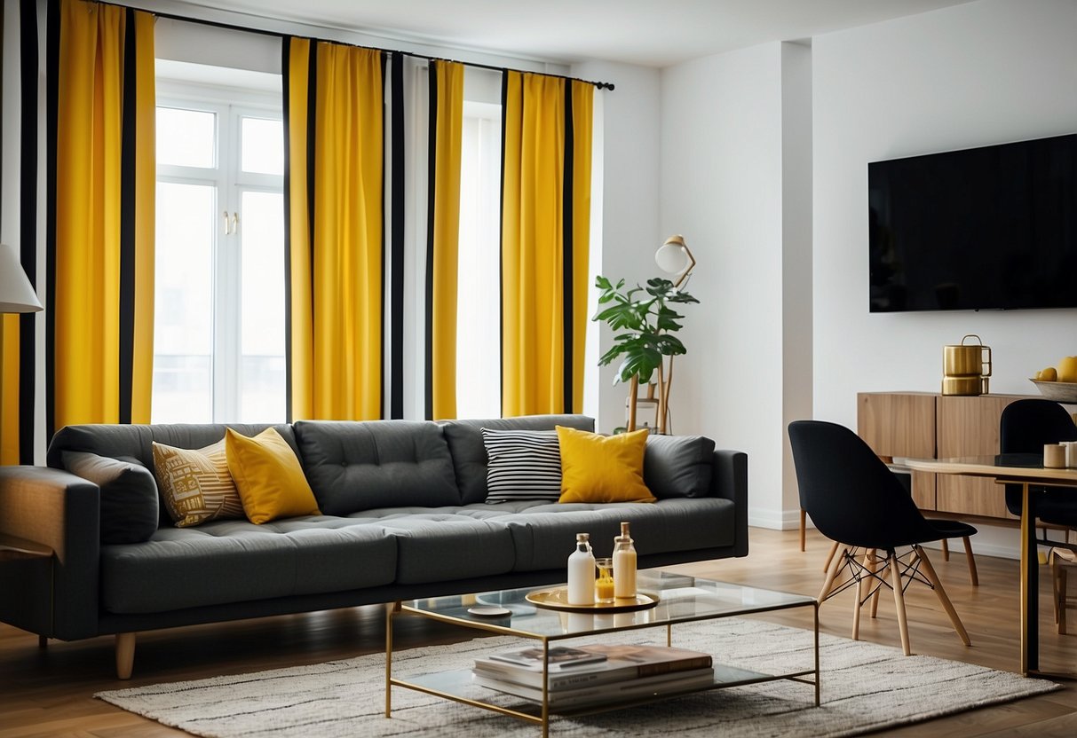 Yellow and black striped curtains hanging in a modern living room with yellow and black home decor accents