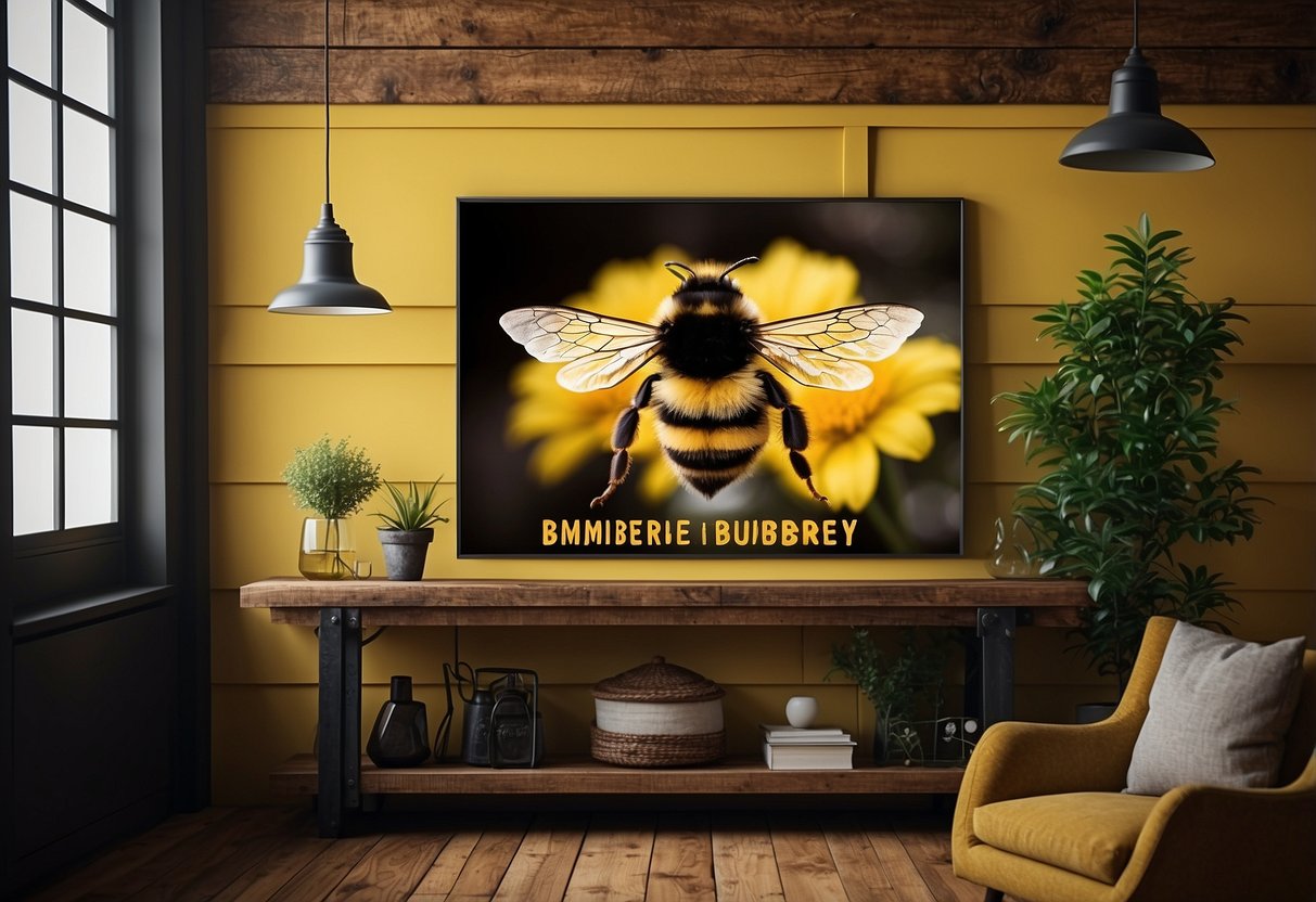 A vintage bumblebee wall art hangs above a rustic wooden shelf, surrounded by yellow and black home decor accents