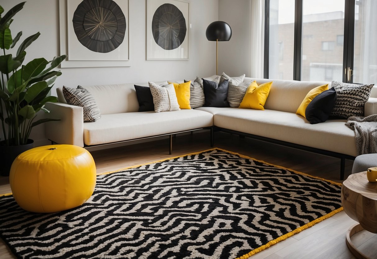 A bright yellow and black chevron rug sits in a modern living room, adding a pop of color to the sleek, minimalist decor