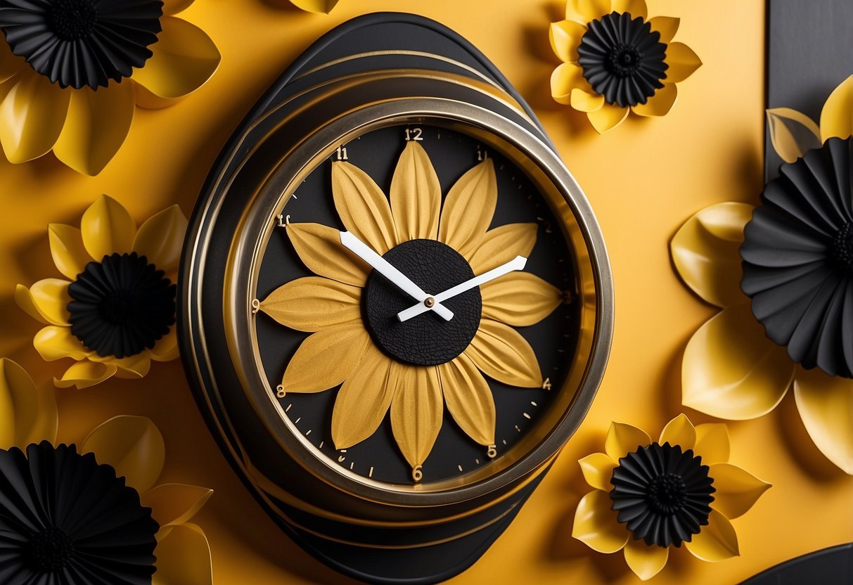 A golden sunflower wall clock hangs on a yellow wall, surrounded by black home decor accents