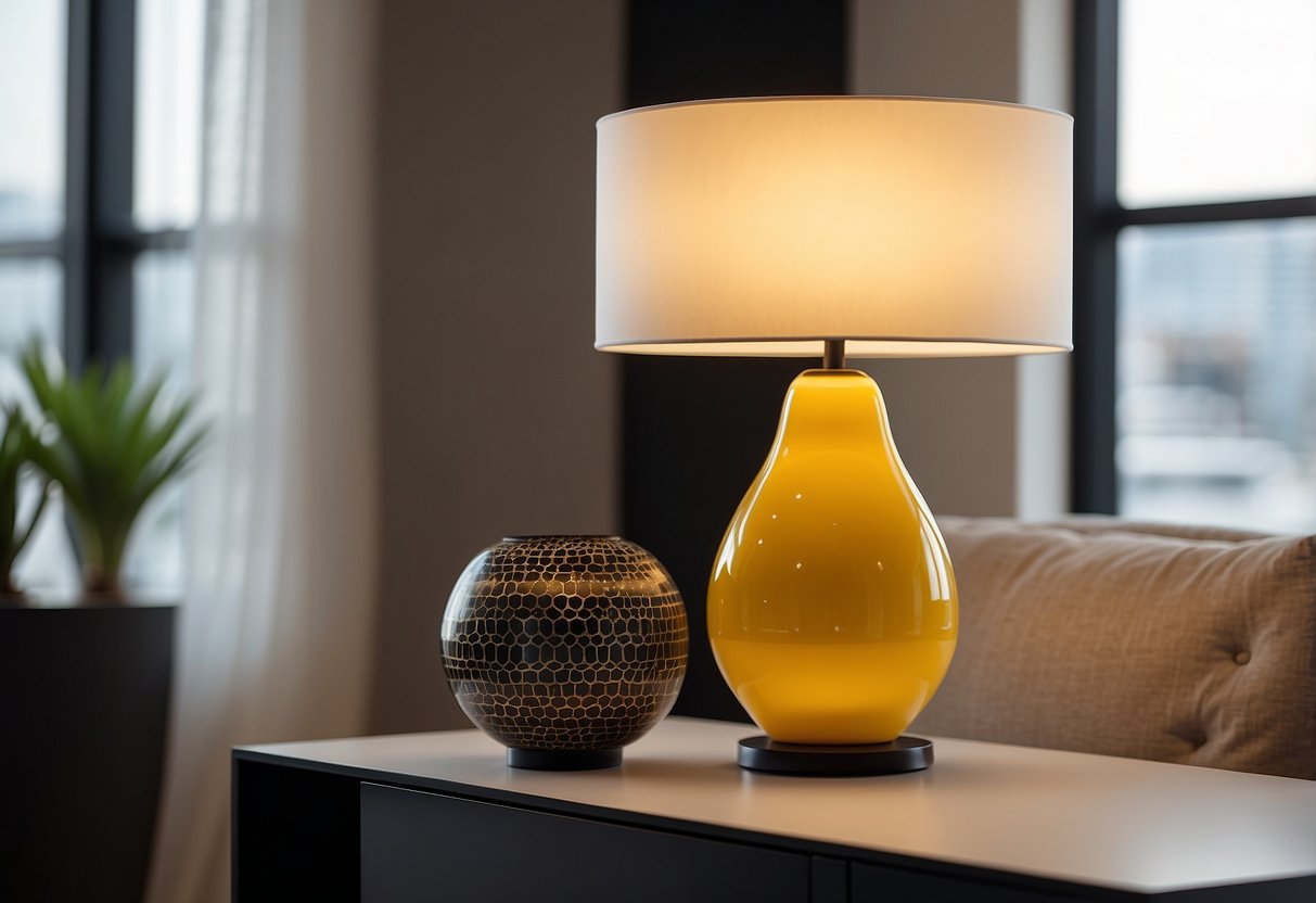 A yellow and black geometric table lamp sits on a modern end table, adding a pop of color to the room