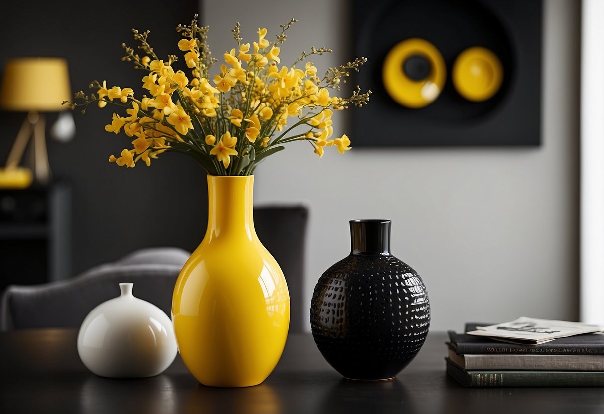 A canary yellow vase with black accents sits on a sleek modern table, surrounded by coordinating yellow and black home decor items