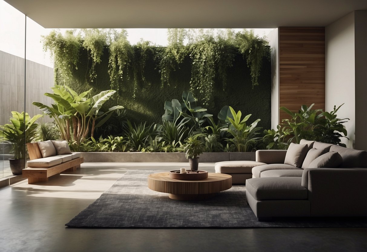 A serene living room with minimal furniture, natural materials, and soft lighting. A small indoor garden and a water feature add tranquility