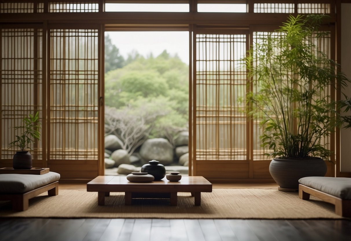 A serene room with shoji screens, minimal furniture, and natural light. Zen-inspired decor includes bamboo, stones, and a tranquil water feature