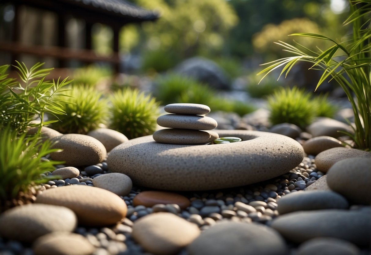 A serene Zen garden with raked gravel, smooth stones, and minimalist plantings, surrounded by bamboo fencing and a tranquil water feature